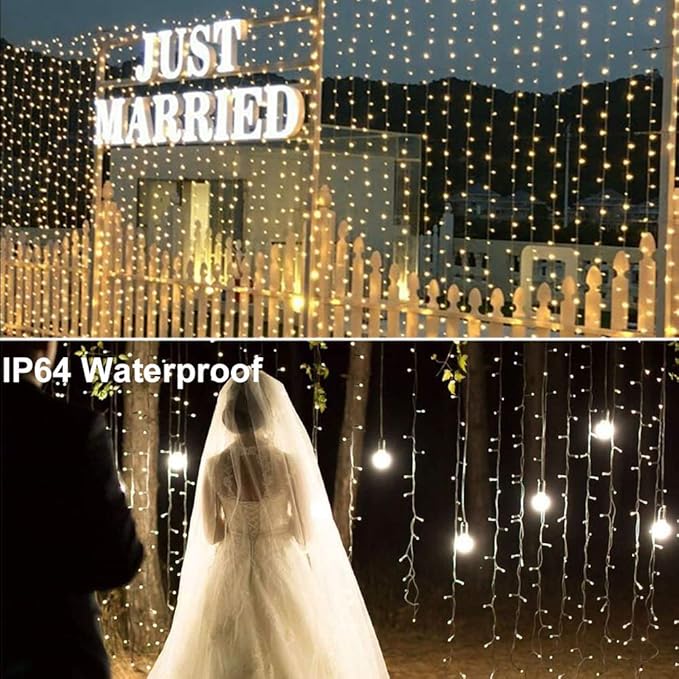 YEOLEH String Lights Curtain,USB Powered Fairy Lights for Party Bedroom Wall,8 Lighting Modes & IP64 Waterproof Ideal for Wedding Valentines Day Decor (Warm White)