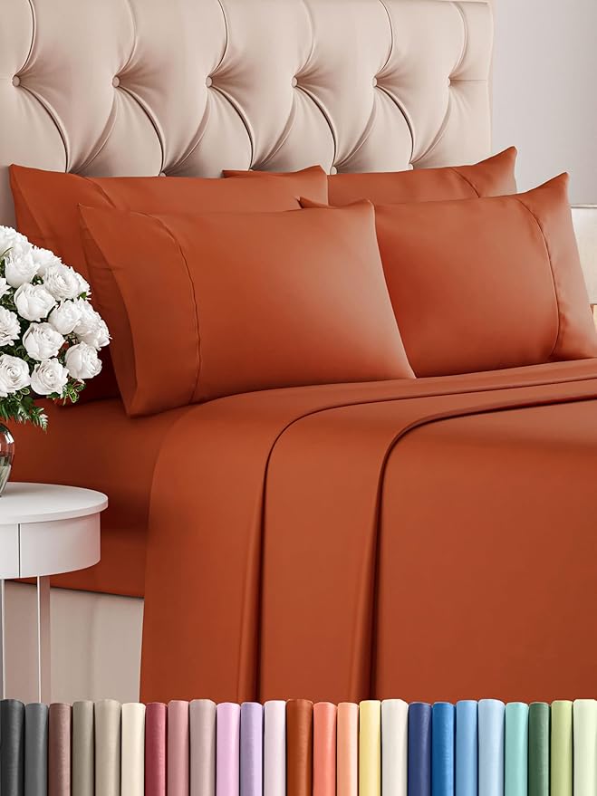 Queen Sheets Set 6 Piece - Bed Sheets Queen Size - Soft Hotel Luxury Bedding - Cooling, Comfy & Breathable - 1 Flat & 1 Fitted and 4 Pillowcases with Deep Pockets - Wrinkle and Fade Free - Terracotta