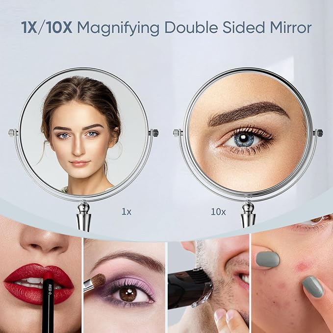 Nicesail 8” Desk Vanity Mirror, Personal Makeup Mirror Double-Sided with 1X/10X Magnification Magnified Mirror, Makeup Mirror for Home Hotel Desktop, Small Vanity Mirror, Chrome 10X