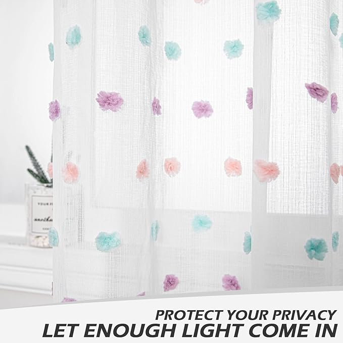 MYSKY HOME Large Curtains Rainbow Pom Pom White Sheer Curtains for Living Room Colorful White Sheer Curtains Sliding Door 108 Inch Long Light Filtering Rod Pocket Window Panels 52 x 108 inch 2 Pieces