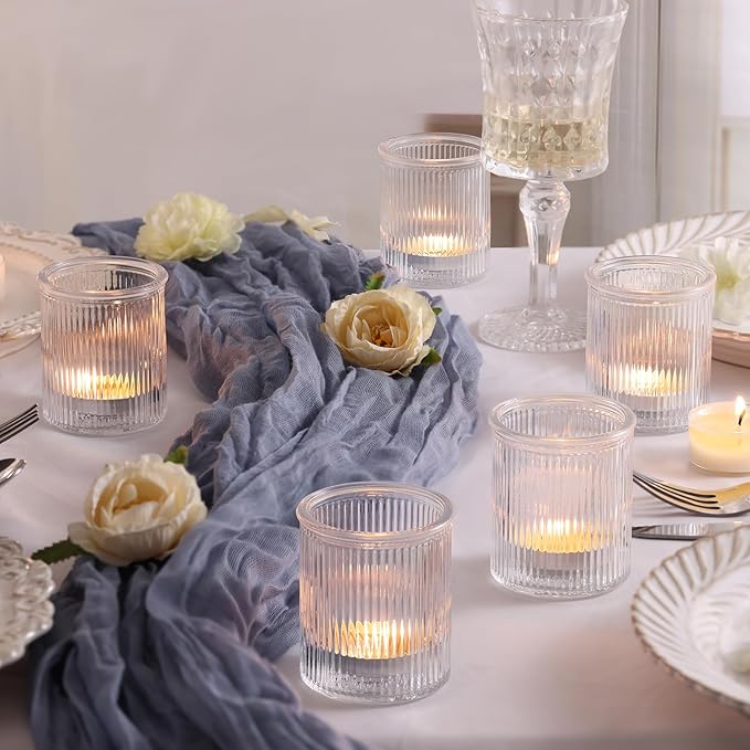 8Pcs Ribbed Votive Candle Holders, Tea Light Candle Holder Glass, Clear Candle Holders for Wedding Table Decor, Home and Holiday Decor