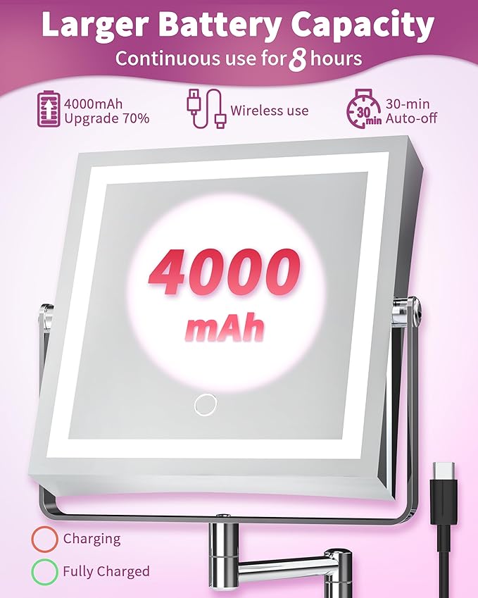Rechargeable Wall Mounted Makeup Mirror with Lights, 4000mAh Double Sided 1X/10X Magnifying Vanity Mirror with 3 Color Lights, Touch Dimmable, 360° Extension Foldable Arm (Chrome)