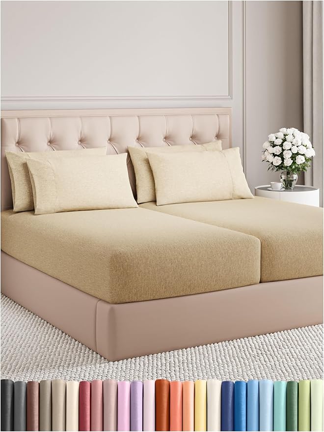 Split King Sheets Set 7 Piece - Includes 4 Pillowcases - Bed Sheets Split King - Soft Hotel Luxury Bedding - Cooling and Breathable - 1 Flat & 2 Fitted & 4 Pillowcases w/ Deep Pockets - Heathered Tan