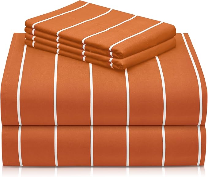 LuxClub 4 PC Sheet Set Bed Sheets Deep Pockets 16" Wrinkle Free Cooling Machine Washable Hotel Bedding Silky Soft - Striped-Autumn Orange Full