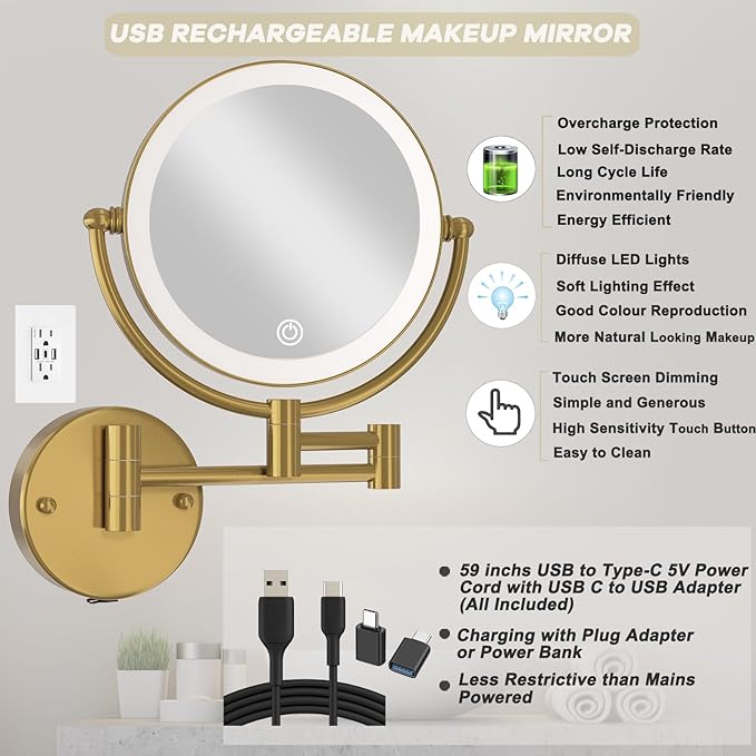 8" Wall Mounted Lighted Makeup Mirror with Magnification Rechargeable, 1X/10X Double Sided, 3 Color Lighting Touch Dimmable 360 Swivel Extendable Arm Vanity Shaving Mirror, Brushed Moderne Brass