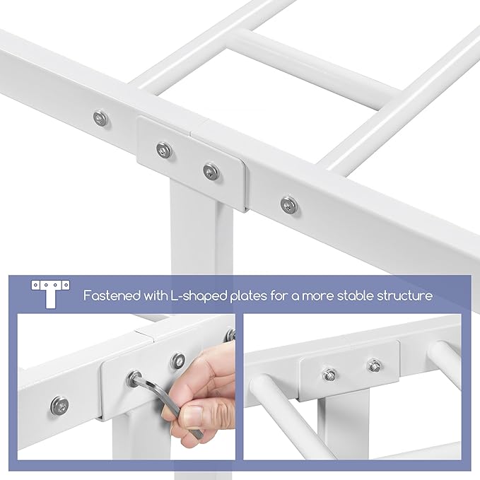 Yaheetech Metal Platform King Bed Frame Mattress Foundation with Headboard and Footboard No Box Spring Needed Under Bed Storage Steel Slats White
