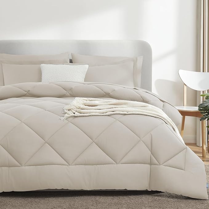 CozyLux King Size Comforter Set Beige - 7 Pieces Bed in a Bag King, Luxury Soft Bed Set for All Seasons, Bedding Set with Down Alternative Comforter, Sheets, Pillowcases & Shams