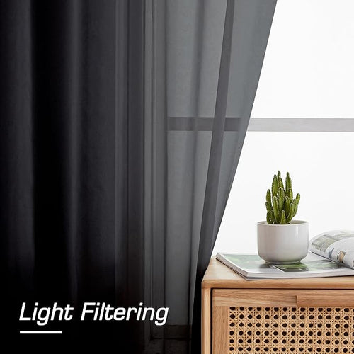 Aiyufeng Black Sheer Curtains 90 Inches Long, Light Filtering Rod Pocket Solid Color Window Sheer Curtain Panels, Elegant Curtains & Drapes for Living Room, Bedroom 2 Panels (Black, 59" W x 90" L)