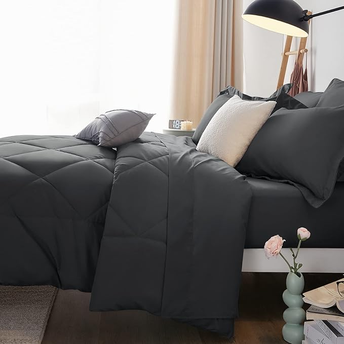 CozyLux Queen Comforter Set Dark Grey - Bed in a Bag Queen Size 7 Pieces, Luxury Soft Bed Set for All Seasons, Bedding Set with Down Alternative Comforter, Sheets, Pillowcases & Shams