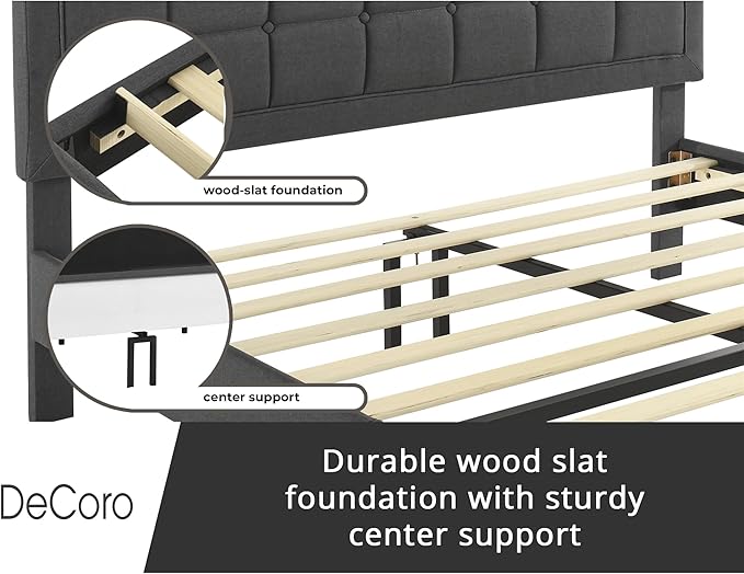 Decoro Mornington Upholstered 2.0 Platform Bed, Button-Tufted Fabric Headboard and Metal Frame with Wood Slat Support, Dark Grey, Queen