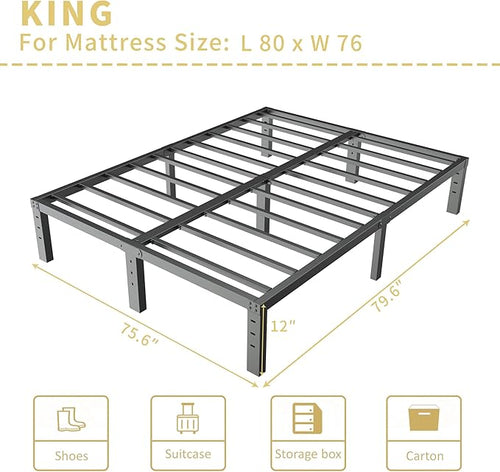 ALDRICH 12 Inch Metal King Size Bed Frame - Double Black Basic Steel Slats Platform, Easy Assembly Heavy Duty Noise Free Bedframes, No Box Spring Needed