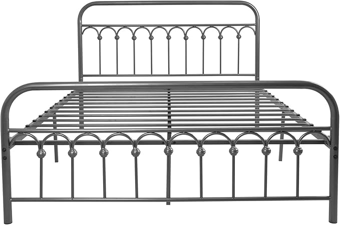 YALAXON Vintage Sturdy Queen Size Metal Bed Frame with Headboard and Footboard Basic Bed Frame No Box Spring Needed (Queen, Gray Silver)
