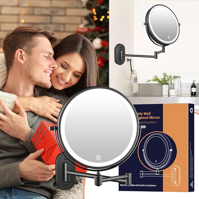 FUNTOUCH Rechargeable Wall Mounted Lighted Makeup Vanity Mirror 8 Inch Double Sided 1X 10X Magnifying Bathroom Mirror, 3 Color Lighting, Touch Dimming, Extended Arm 360 Rotation Light up Mirror Black