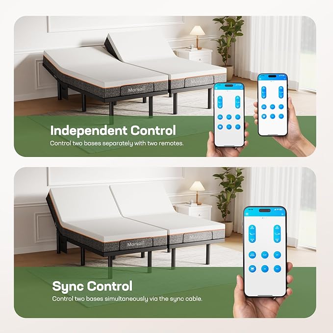 Marsail MS01-2 Split King Adjustable Bed with Massage + 10-inch Gel Memory Foam Mattress, APP Control Adjustable Bed with Under-Bed Nightlight, Split King