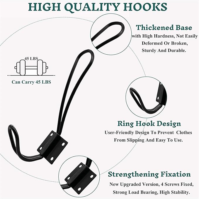 Rustic Entryway Hooks-6 Pack Farmhouse Hooks with Metal Screws Included, Black Decorative Wall Mounted Rustic Coat Hooks Rack, Double Vintage Organizer Hanging Wire Hook Clothes Hanger