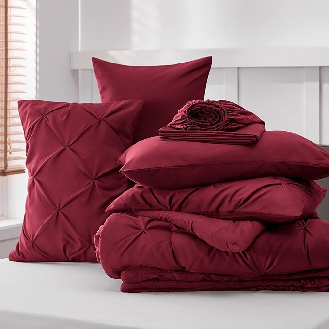Bedsure California King Comforter Set Dark Red - Bed in a Bag Cal King Bedding Set 7 PCS, GentleSoft™ Pintuck Bed Set Gift for Family, Pinch Pleat Dark Red Comforter with Sheets, Pillowcases & Shams