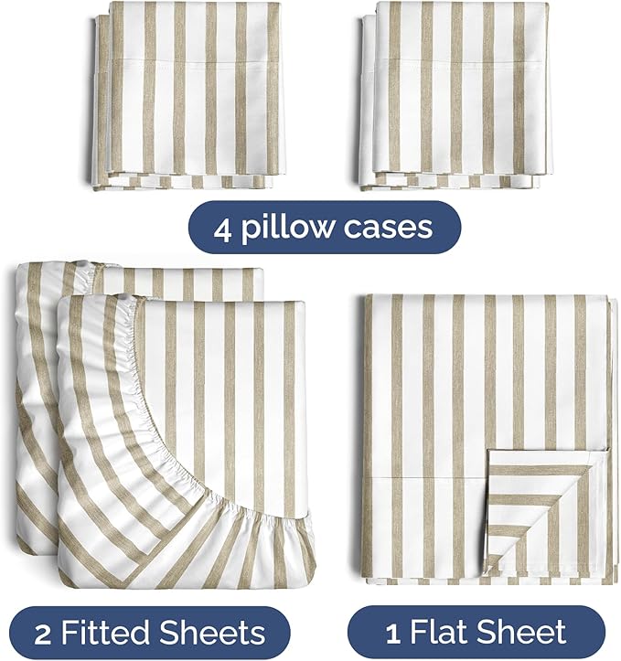 Split King 7 Piece Sheet Set - Comfy Breathable & Cooling - Soft Hotel Luxury Bedding Set w/ 8-16 Inch Deep Pockets - 1 Flat & 2 Fitted Sheet & 4 Pillowcases - Cozy & Wrinkle Free - Beige Stripes 2