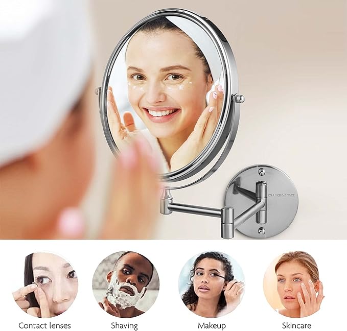 OVENTE 9" Wall Mounted Makeup Mirror with 1X/10X Magnification, Double Sided Magnifying Round Bathroom Vanity Mirror, 360° Swivel Design, Extendable and Folding Arm, Nickel Brushed MNLFW90BR1X10X