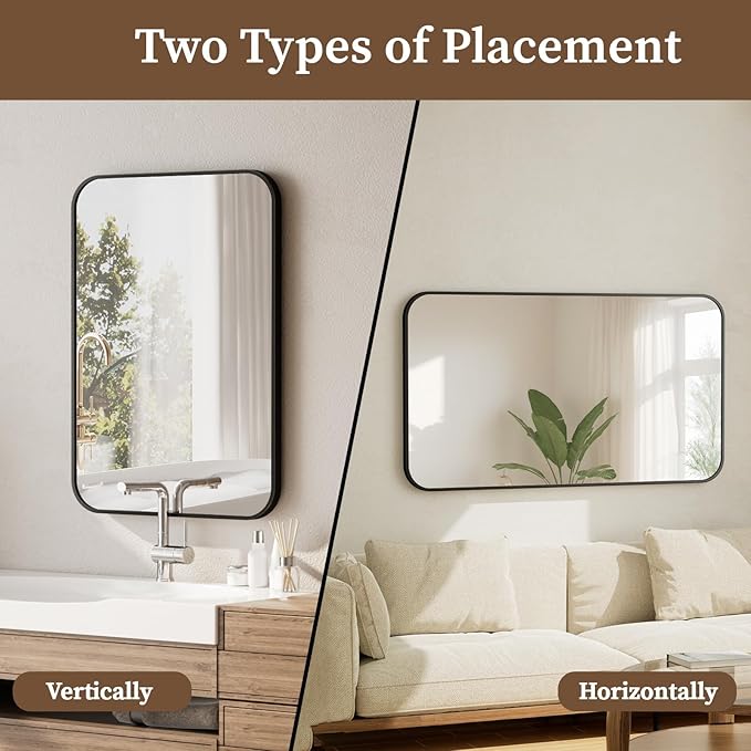 BEAUTYPEAK 26" x 38" Rectangular Aluminum Alloy Frame Wall Mounted Bathroom Mirror with Rounded Corners, Black