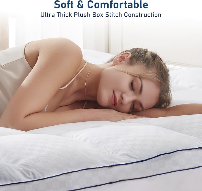 Bedluxury Queen Mattress Topper Extra Thick Pillowtop Mattress Pad Cover Cooling and Plush with 8-21 Inch Deep Pocket 3D Snow Down Alternative Fill
