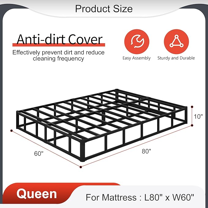 10 Inch Box Spring for Queen Bed High Profile Heavy Duty Metal Queen Box Spring with Fabric Cover, Sturdy Mattress Foundation, Easy Assembly, Noise Free, Black