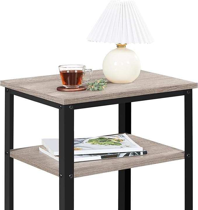 Yaheetech Tall End Table Set of 2, 18x14x29.5 inch Industrial Side Table with Strong Wooden Shelves, 2PCS Slim 3-Tier Telephone Table with Metal Frame for Living Room, Small Places - Gray