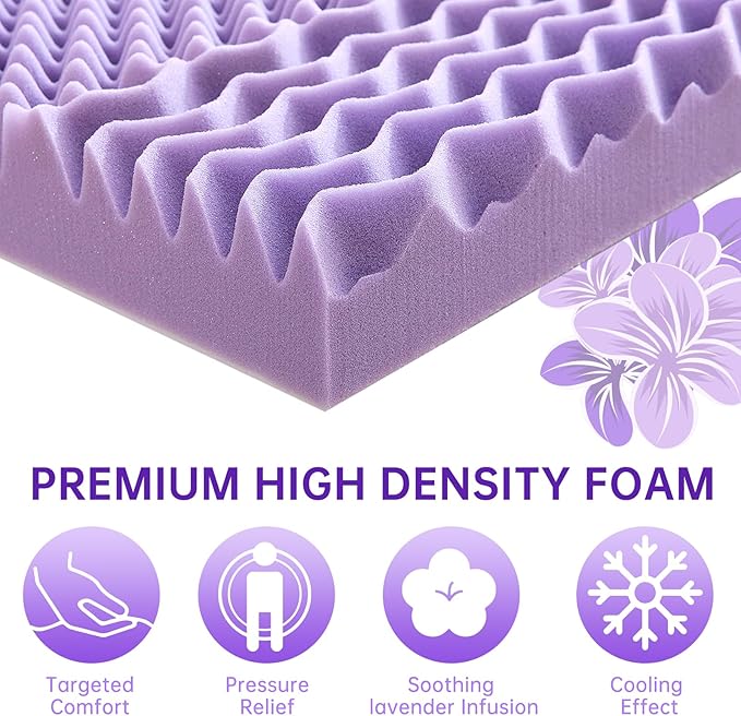 MUXHOMO 3.9 Inch 7-Zone Twin Mattress Topper, Egg Crate Foam Mattress Topper Twin Size for Back Pain, Lavender Cooling Gel Infused Bed Pad, CertiPUR-US and Oeko-TEX Certification (38"×75")