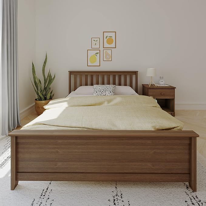 Max & Lily Queen Bed Frame with Slatted Headboard, Solid Wood Platform Bed for Kids, No Box Spring Needed, Easy Assembly, Walnut
