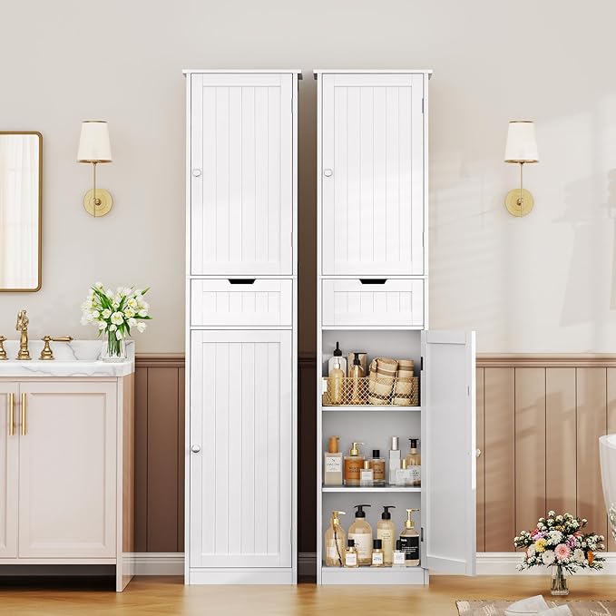 Iwell 67" Tall Bathroom Cabinet, Storage Cabinet with 2 Doors & 1 Drawer, Bathroom Storage Cabinets with Adjustable Shelves, for Living Room, Entryway, Home Office, White