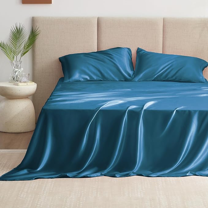 Love's cabin Full Size Satin Sheet Sets - 4 Piece Teal Silky Satin Sheet Set Full with Deep Pocket, Luxury Silk Feel Satin Bed Sheets Full Bedding Set (1 Flat Sheet,1 Fitted Sheet,2 Pillow Cases)