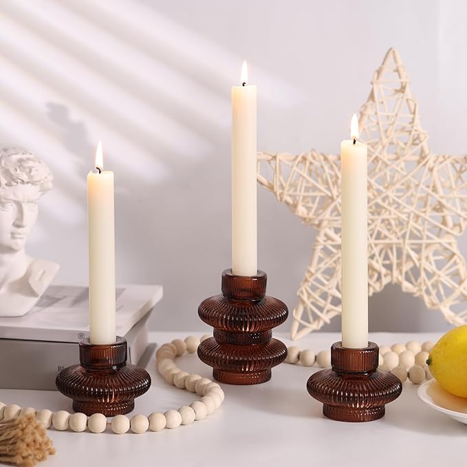 Brown Candlestick Holders Set of 10, Taper Candle Holders for Fall Wedding Table Centerpiece, Ribbed Glass Votive Candle Holders for Dinner Party Halloween Thanksgiving Decor