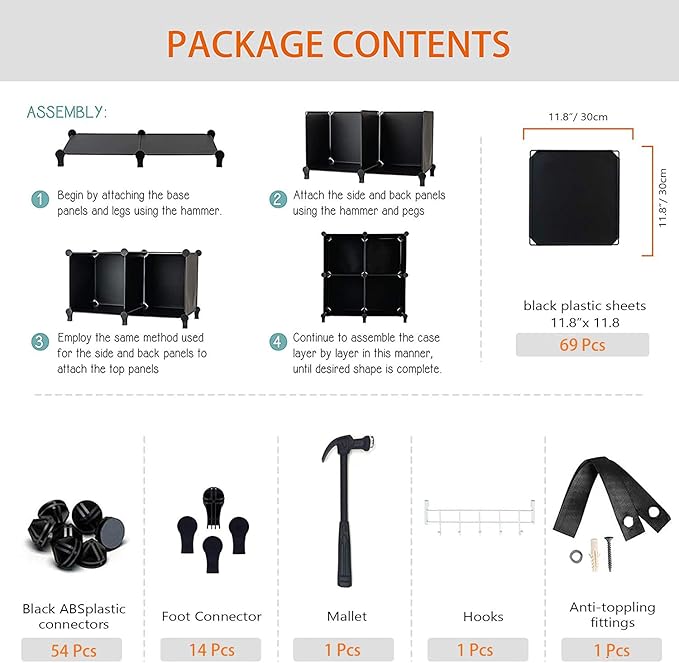 HOMIDEC 20 Black Cube Storage Organizer, Modular Storage Shelf with Hammer, Cubes Storage Bin Cabinet Closet Bookshelf for Living Room, Bedroom, Office, Each Cube Size 11.8 x 11.8 inch