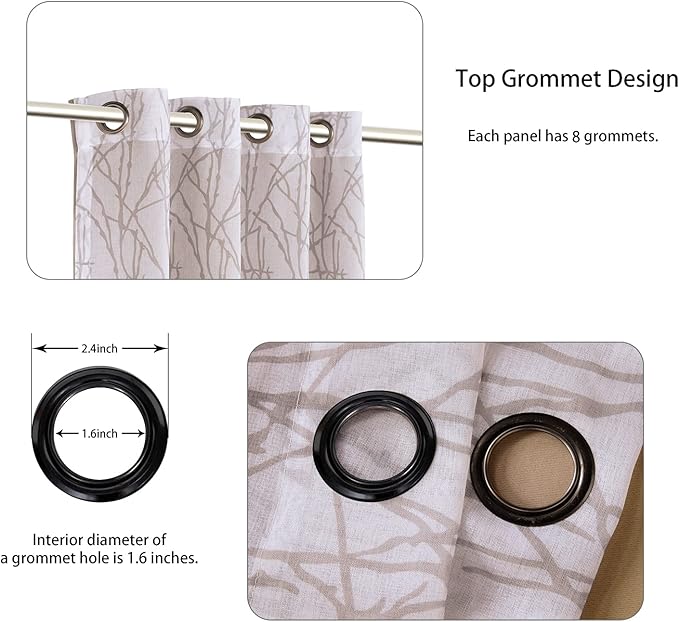 BONZER Mix and Match Curtains - 2 Pieces Branch Print Sheer Curtains and 2 Pieces Blackout Curtains for Bedroom Living Room Grommet Window Drapes, 54x108 Inch/Panel, Taupe, Set of 4 Panels