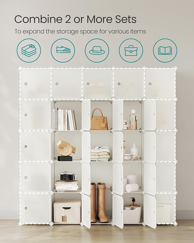 SONGMICS Cube Storage Organizer, Set of 12 Plastic Cubes, Closet Storage Shelves, DIY Plastic Closet Cabinet, Modular Bookcase, Shelving with Doors for Bedroom, Living Room, Cream White ULPC342W02