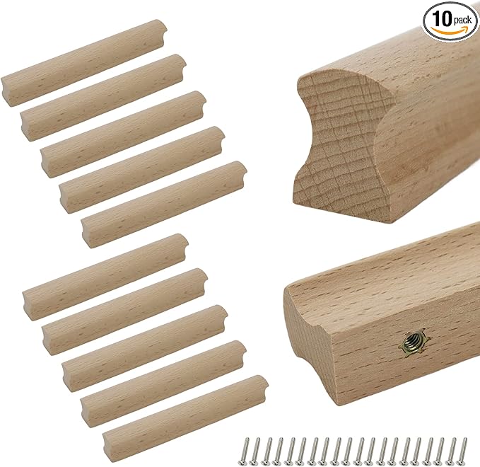 10Pcs Unfinished Beech Wood Solid Furniture Pulls Handles,Unfinished Unpainted Paintable Wooden Handles Cupboard Closet Drawer Handle Pull,Length 6.3",Hole Dis.5.04"