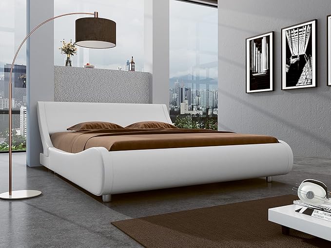 SHA CERLIN Modern Low Profile Platform Bed Frame Full Size, Stylish Faux Leather Upholstered Sleigh Bed with Adjustable Headboard, No Box Spring Needed, White