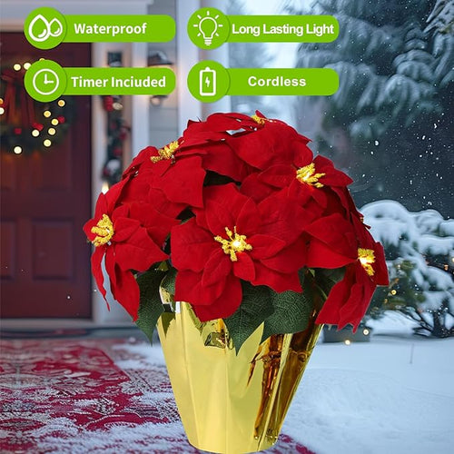 2 Pack 18" Lighted Large Artificial Poinsettias for Outdoors LED Poinsettia Flowers Artificial Faux Poinsettia Plants Poinsettia Christmas Decorations for Office Home Kitchen Decor