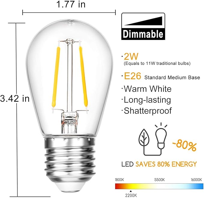 Shatterproof S14 Replacement LED Light Bulbs, 2W, Equivalent to 11-25 Watt, Warm White 2200K, Outdoor String Lights Vintage Edison Bulb, E26 Medium Base, 15-Pack