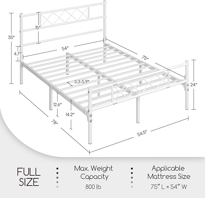 Yaheetech Full Size Metal Platform Bed Frame with Simple Headboard and Footboard, Mattress Foundation for Under Bed Storage, Steel Slat Support, No Box Spring Needed, Easy Assembly, White
