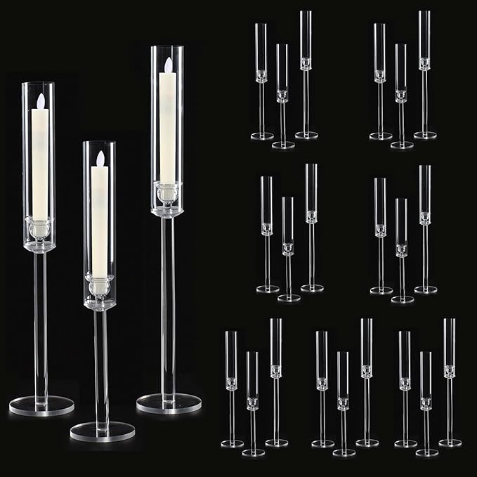Vincidern 24pcs Taper Candle Holder Acrylic Candlestick Holder Clear Set for Table Centerpiece, Long Candle Stick Candle Stand Cylinder Shade for Halloween, Christmas Wedding Party Dining Room Decor