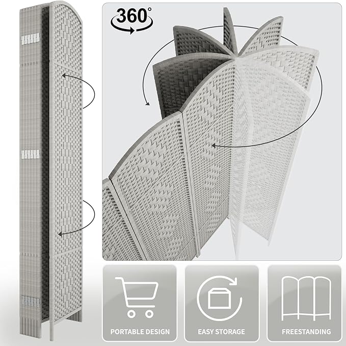 Rose Home Fashion 6 ft Tall Room Divider, Room Dividers and Folding Privacy Screens, 15.7in Privacy Screen 6 Panel Partition Temporary Wall Separation for Private, Stone Grey