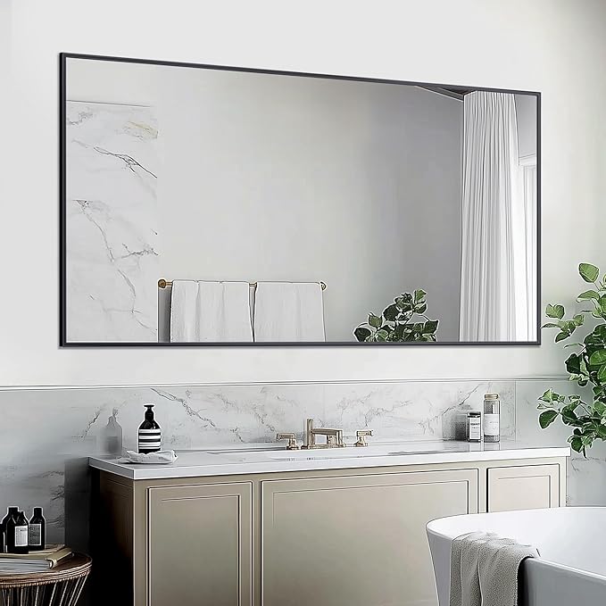Antok Bathroom Mirror,55"x30" Wall Mirror, Decorative Mirrors Vanity Mirror Aluminum Alloy Frame Contemporary Hanging Mirror for Living Room Bathroom Entryway,Black,Rect Corner