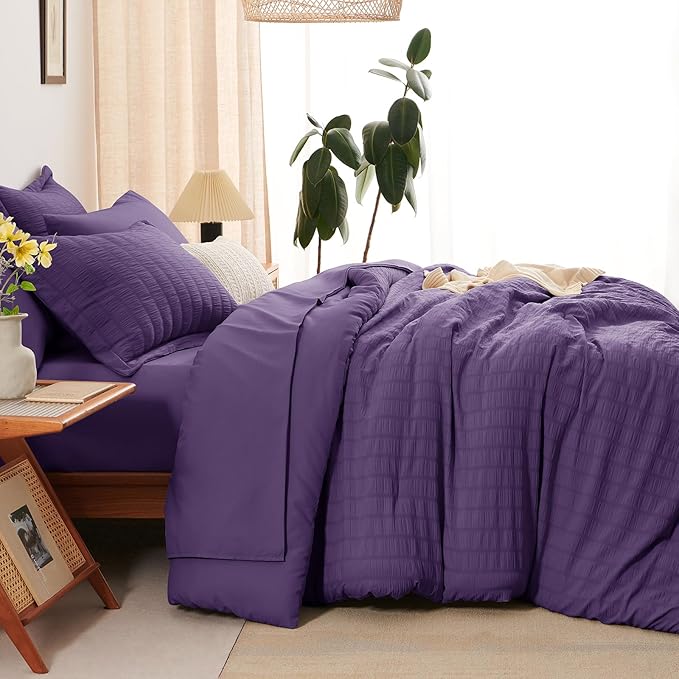 CozyLux Queen Comforter Set Purple Seersucker 7 Pieces Bed in a Bag Queen Comforter Set with Sheets, Luxury Soft Bedding Set with Down Alternative Comforter, Sheets, Pillowcases & Shams for All Season