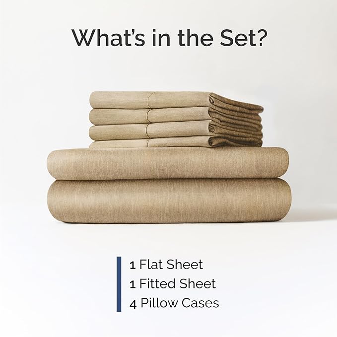 Cal King 6 Piece Sheet Set - Comfy Breathable & Cooling - Soft Hotel Luxury Bedding Set with 8-16 Inch Deep Pockets - 1 Flat & 1 Fitted Sheet & 4 Pillowcases - Wrinkle Free & Easy Care - Heathered Tan