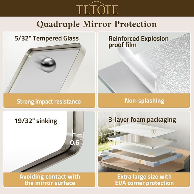 TETOTE Brushed Nickel Mirror 48 x 30 Brushed Nickel Metal Framed Bathroom Mirror, Tempered Glass, Modern Farmhouse Wall Mounted Mirror for Decorative(Horizontal/Vertical)