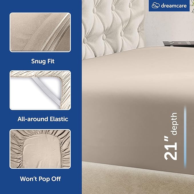 DREAMCARE King Size Sheets Set – 6 pcs Cooling Bed Sheets – up to 21” Deep Pocket King Sheet Set – 2500 Supreme Collection – Extra Soft 100% Brushed Microfiber Hotel Luxury with Side Pocket – Beige