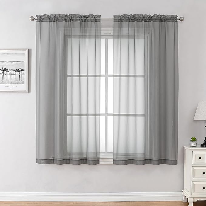 Chyhomenyc Charcoal Grey Sheer Curtains 45 Inch Long 2 Panels, Light Filtering Elegant Lightweight Soft Rod Pockets Drapes for Small Window Bathroom Living Room Bedroom, 42W x 45L inches