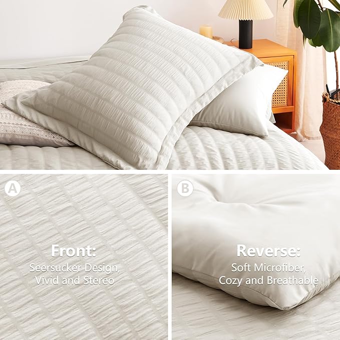 CozyLux Twin XL Comforter Set with Sheets Seersucker Beige 5 Pieces Bed in a Bag, Twin Extra Long Luxury Soft Bedding Sets for College Dorm with Down Alternative Comforter, Sheets, Pillowcases & Shams
