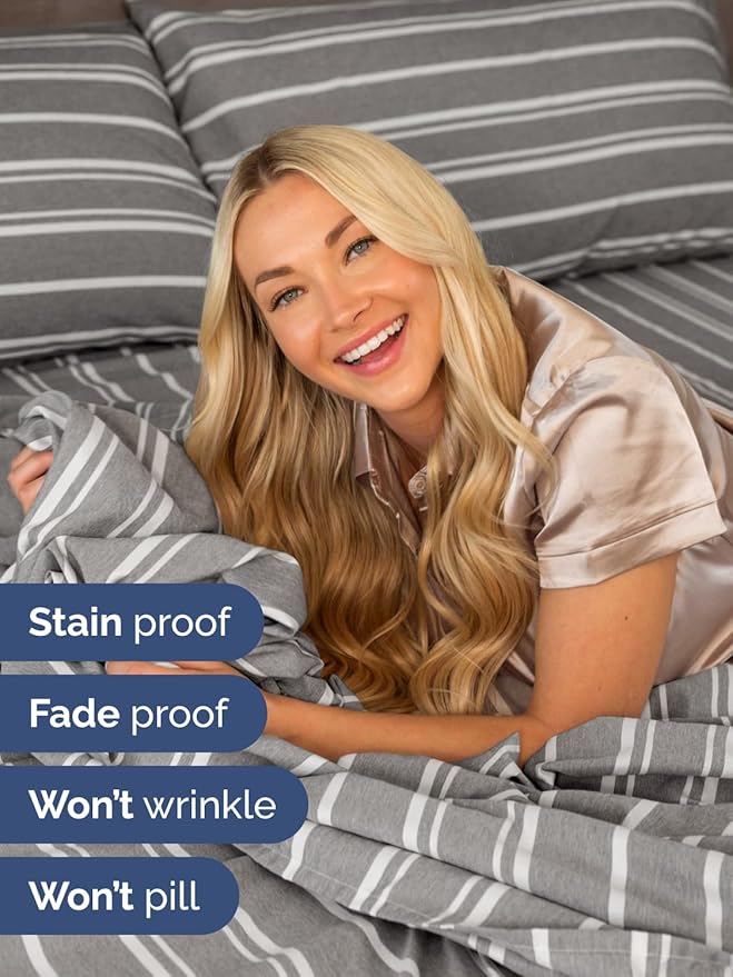 Extra Deep Cal King Sheet Set - 6 Piece Breathable & Cooling Sheets - Hotel Luxury Bed Sheets Set - Easy Fit - Soft, Wrinkle Free & Comfy Sheets Set - Grey Striped Sheet Set with Extra Deep Pockets