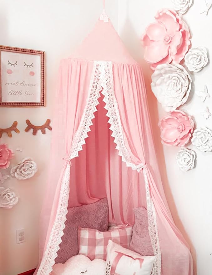 Princess Bed Canopy Mosquito Net for Kids Baby Crib, Round Dome Kids Indoor Outdoor Castle Play Tent Hanging House Decoration Reading Nook Cotton Canvas,Pink